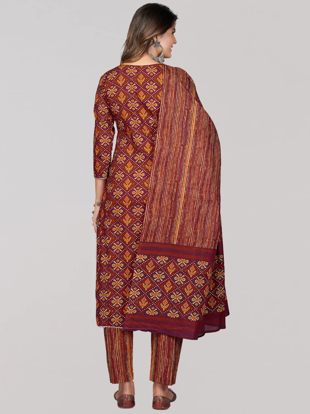 Women'S Patola Print & Embroidered & Mirror Work Straight Cotton Brown Stitched Kurta Pant With Dupatta