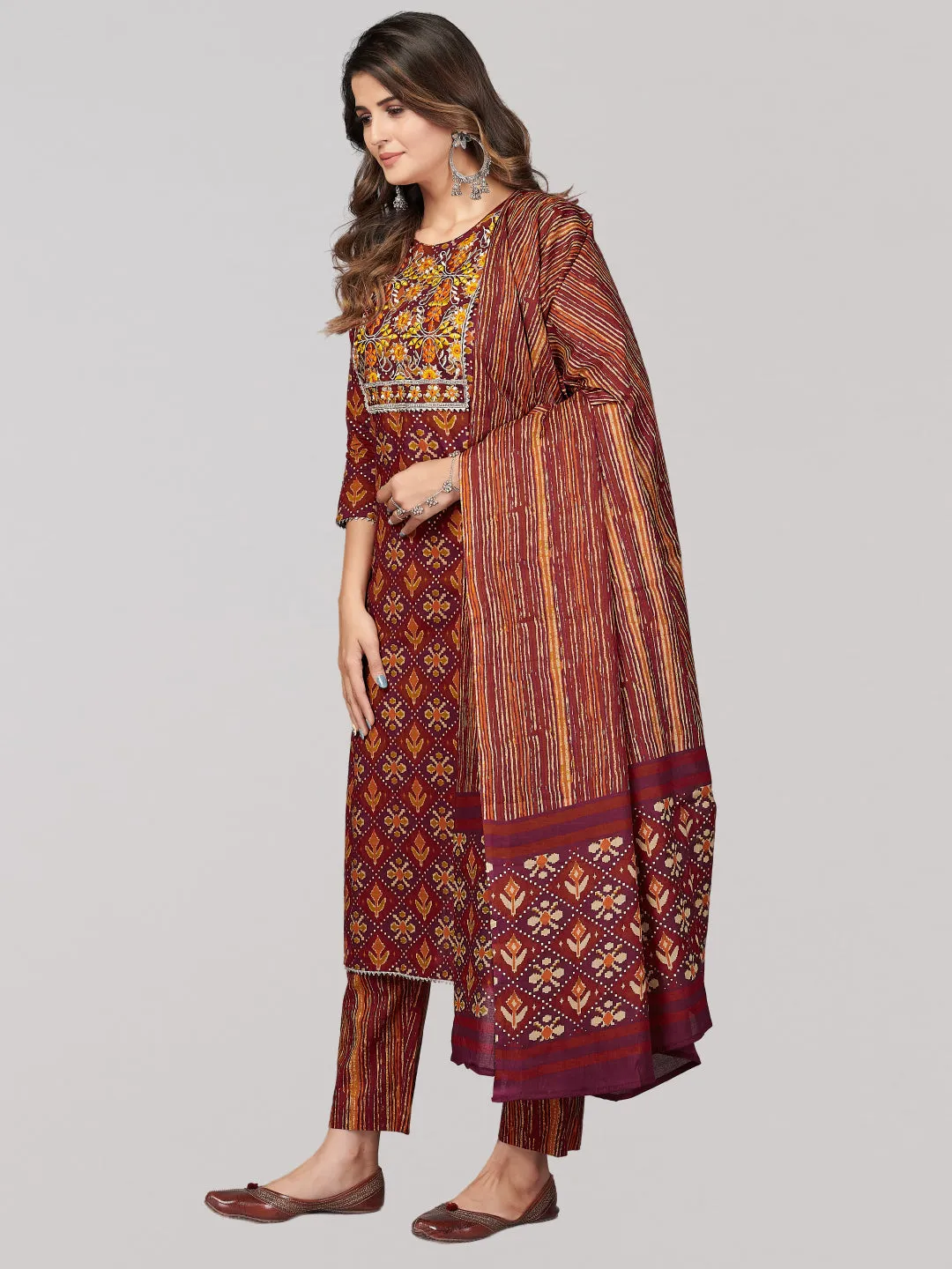 Women'S Patola Print & Embroidered & Mirror Work Straight Cotton Brown Stitched Kurta Pant With Dupatta