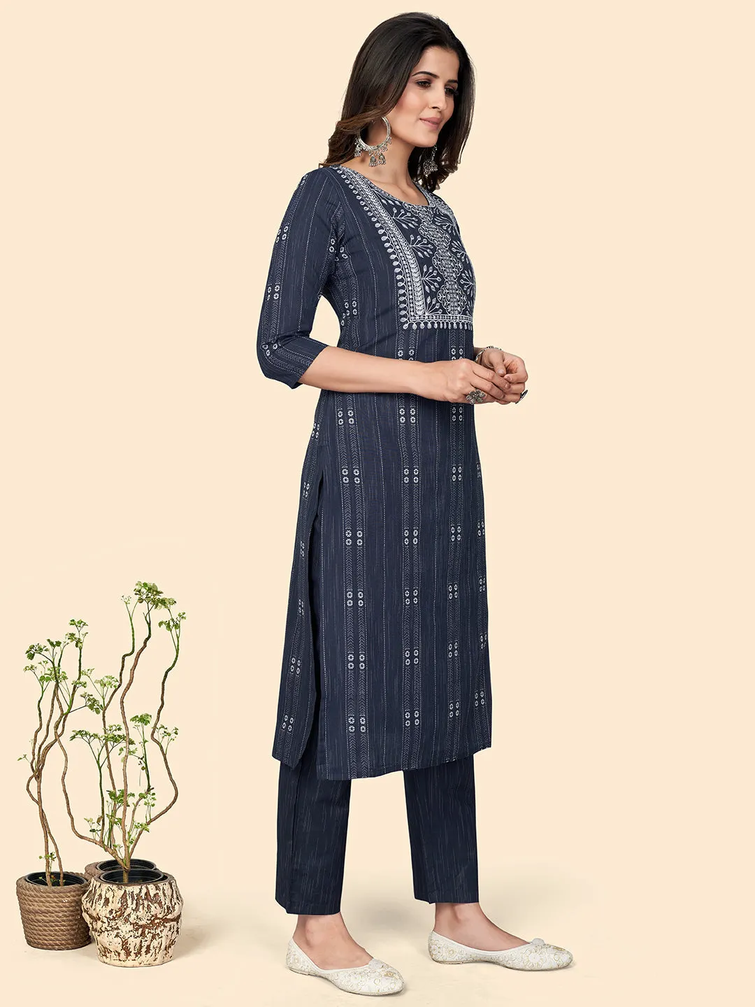 Women'S Print & Embroidered Straight Cotton Navy Blue Stitched Kurta Pant With Dupatta