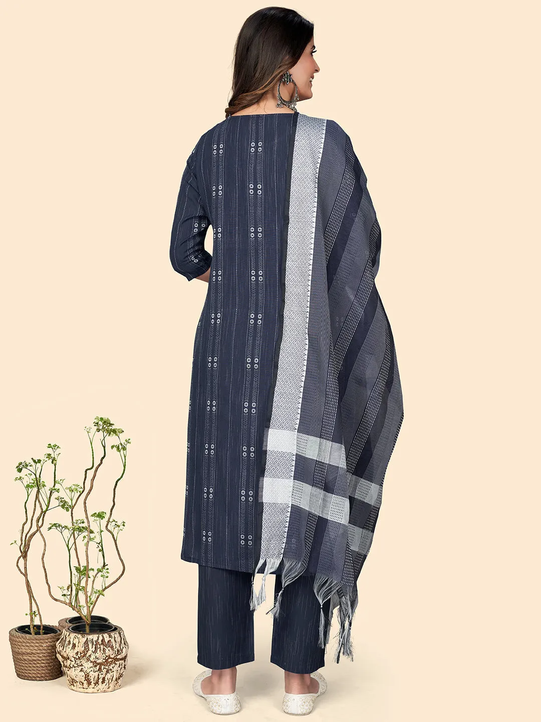 Women'S Print & Embroidered Straight Cotton Navy Blue Stitched Kurta Pant With Dupatta