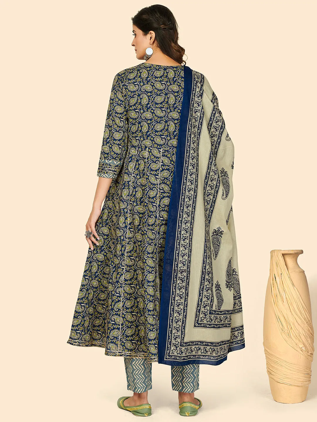 Women'S Print & Gota Patti Anarkali Cotton Blue Stitched Kurta Pant With Dupatta