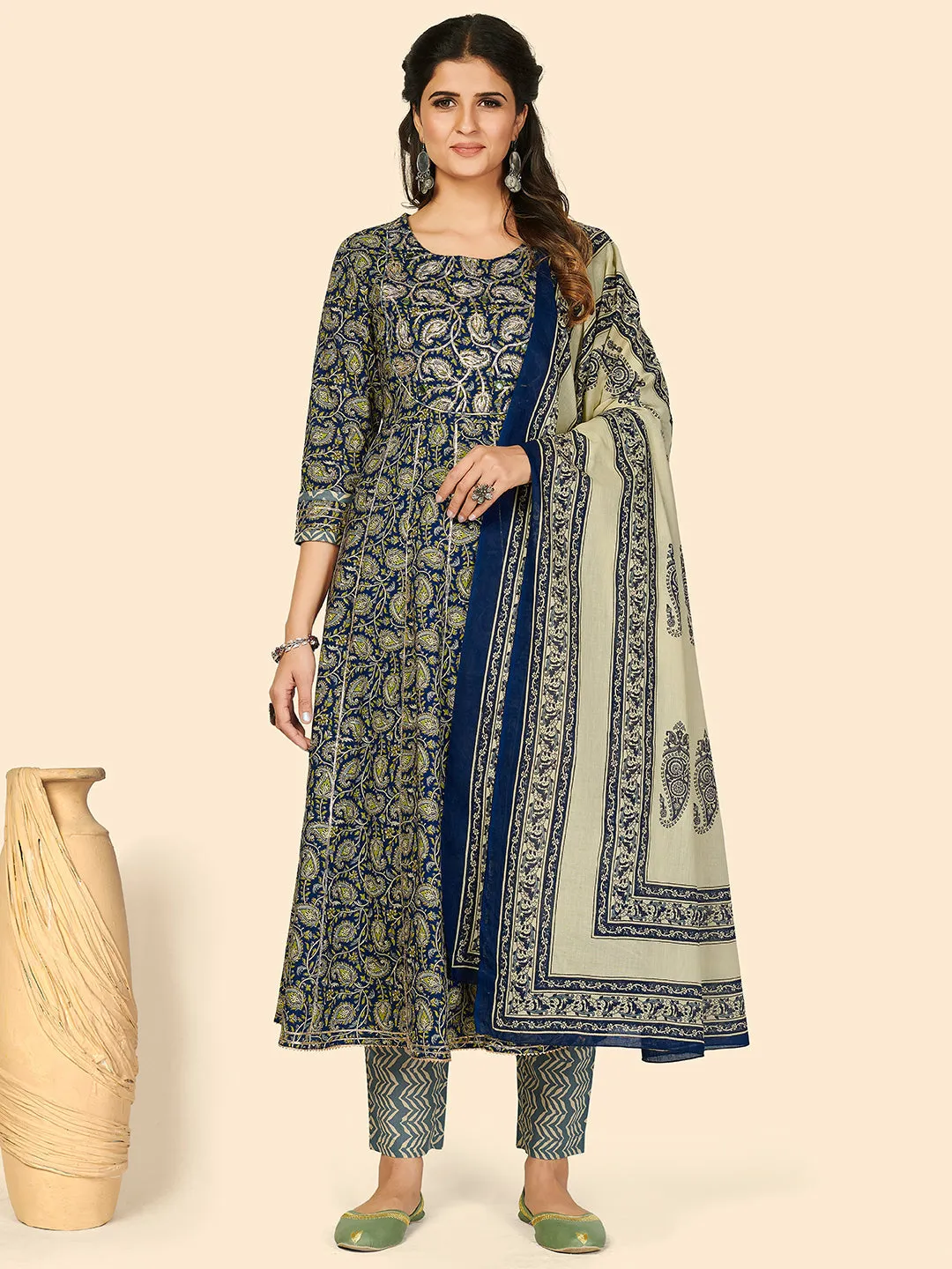 Women'S Print & Gota Patti Anarkali Cotton Blue Stitched Kurta Pant With Dupatta
