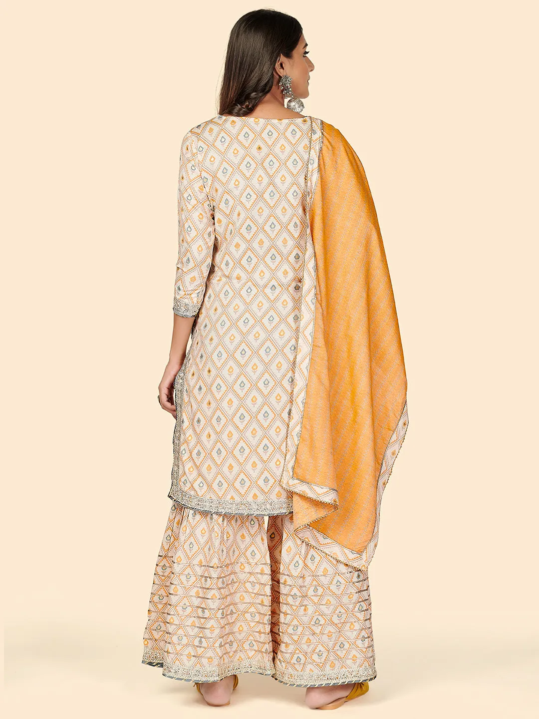 Women'S Print & Gota Patti Straight Muslin Yellow Stitched Kurta Sharara With Dupatta