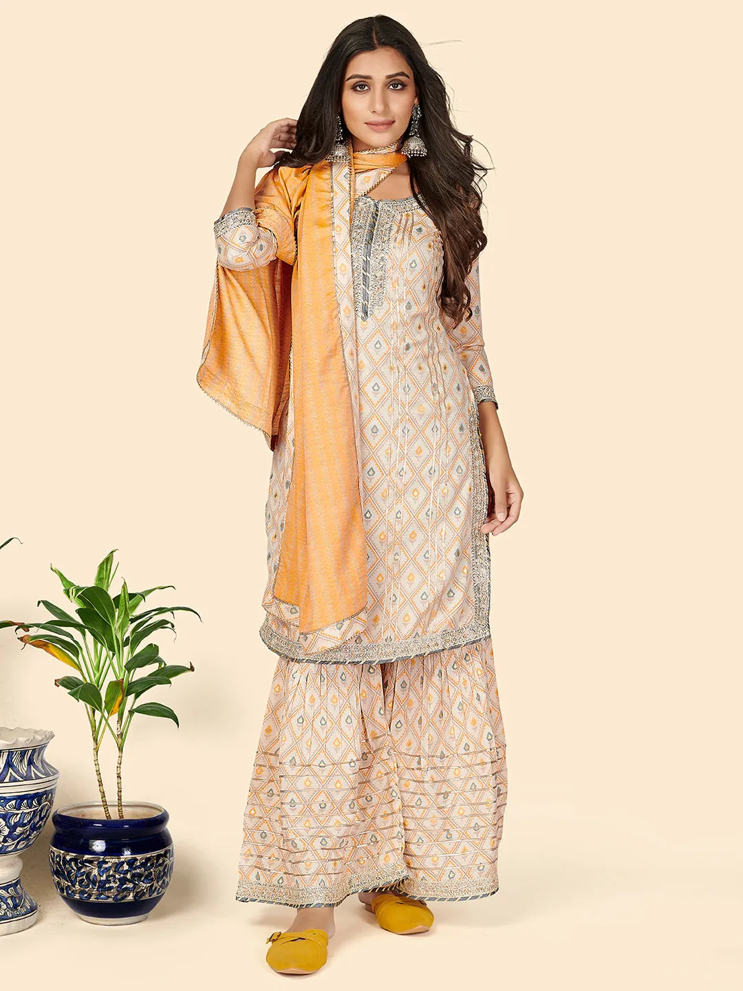 Women'S Print & Gota Patti Straight Muslin Yellow Stitched Kurta Sharara With Dupatta