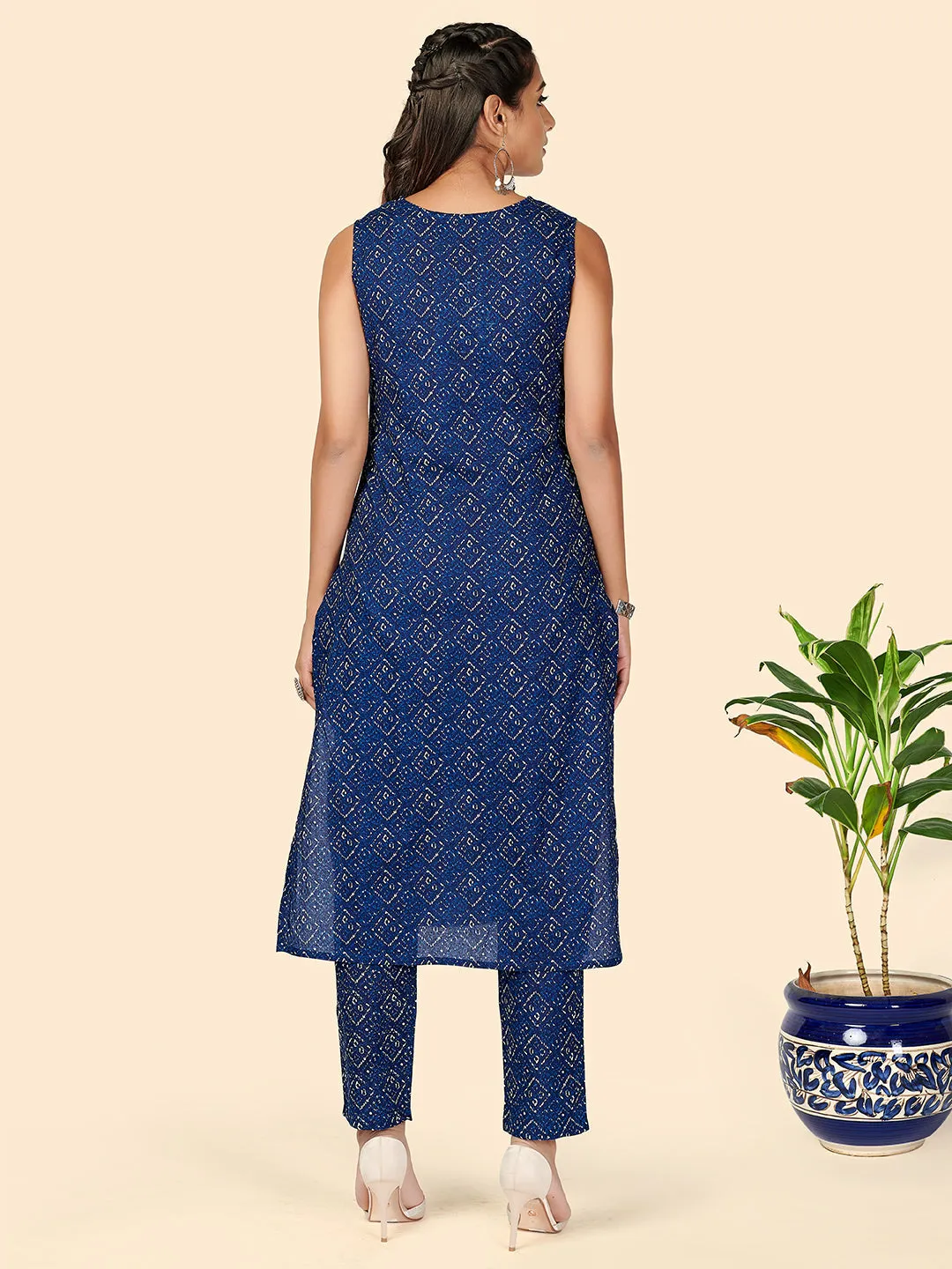 Women'S Print & Hand Work Straight Cotton Blue Stitched Kurta Set (Pack Of 4)