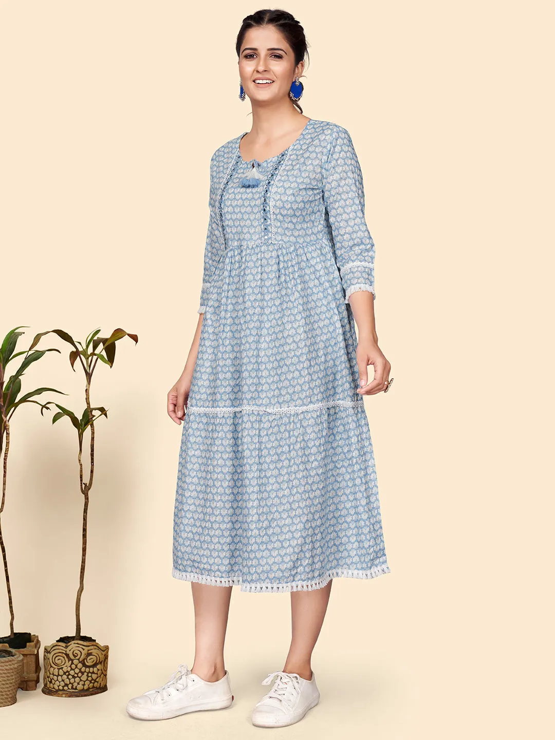 Women'S Print & Mirror Work Anarkali Cotton Blue Stitched Kurta