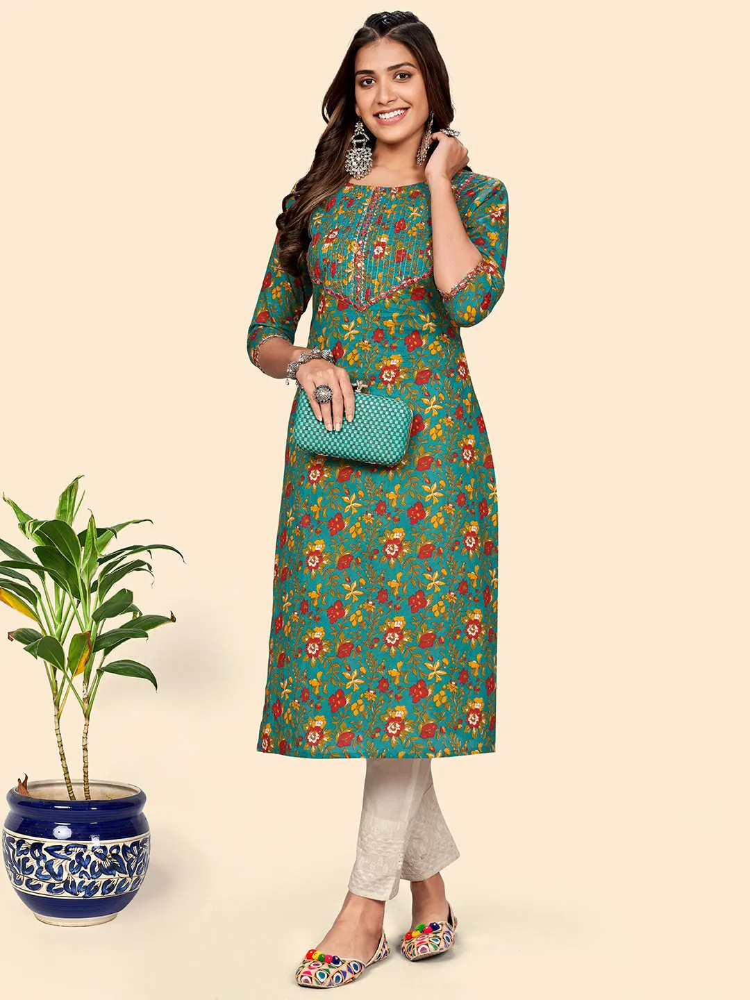 Women'S Print & Mirror Work Straight Cotton Auqa Stitched Kurta