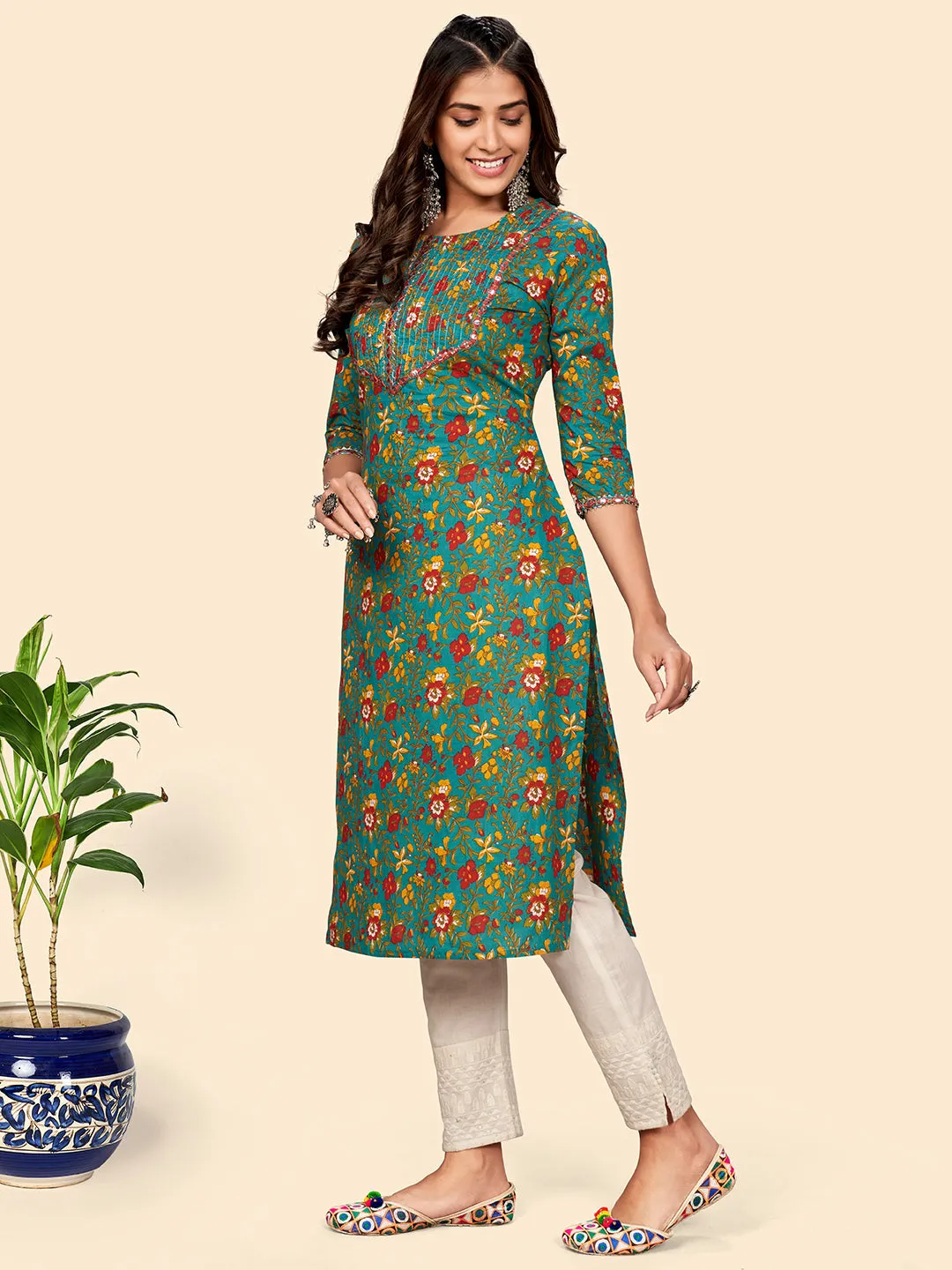 Women'S Print & Mirror Work Straight Cotton Auqa Stitched Kurta