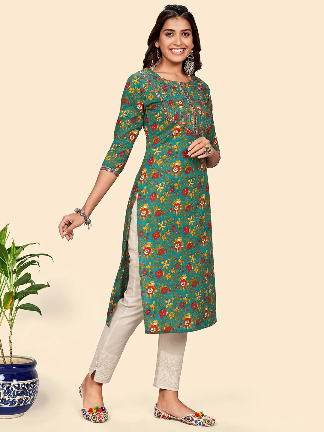 Women'S Print & Mirror Work Straight Cotton Auqa Stitched Kurta