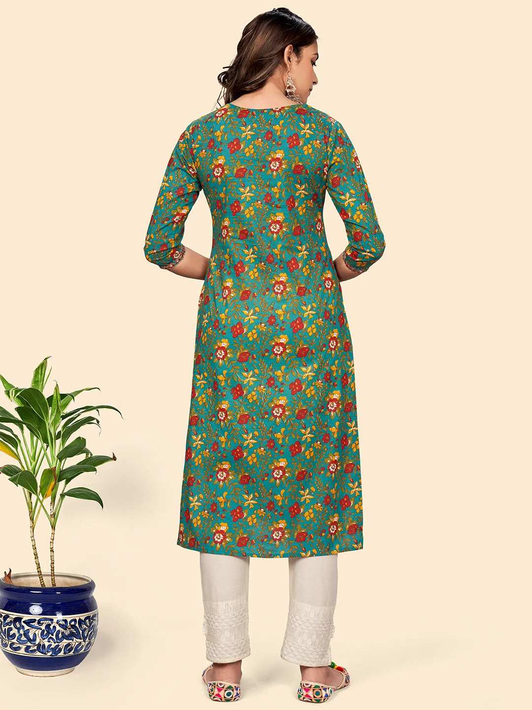 Women'S Print & Mirror Work Straight Cotton Auqa Stitched Kurta
