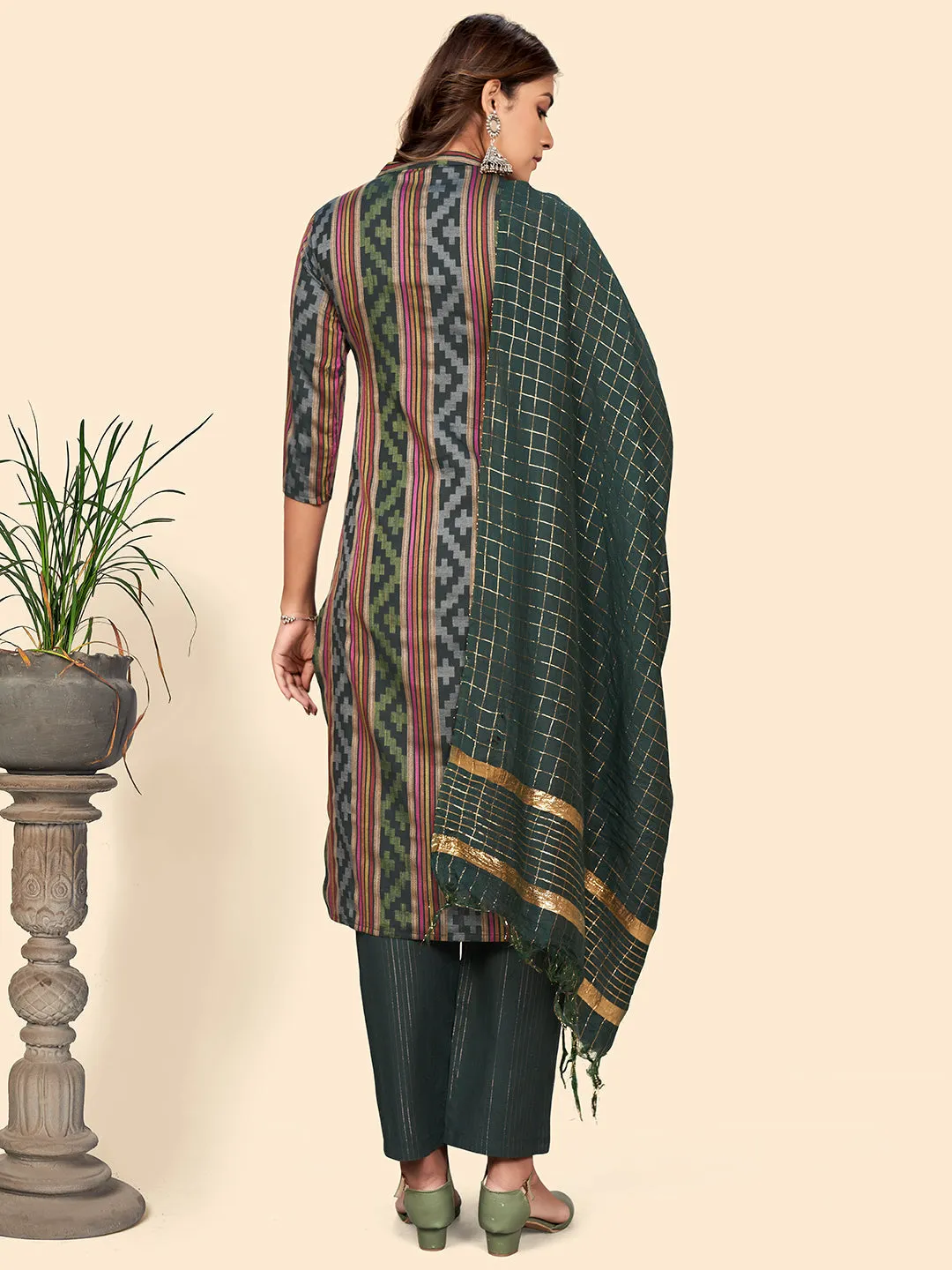 Women'S Print & Striped Straight Cotton Green Stitched Kurta Pant With Dupatta