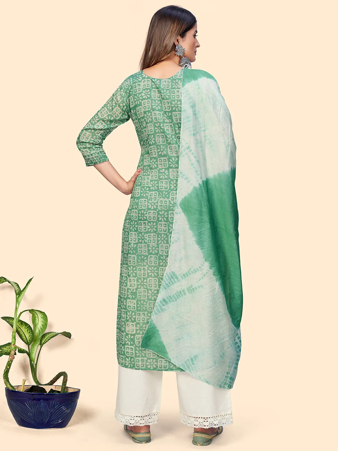 Women'S Printed & Embroidered Straight Chanderi Sea Green Stitched Kurta With Dupatta