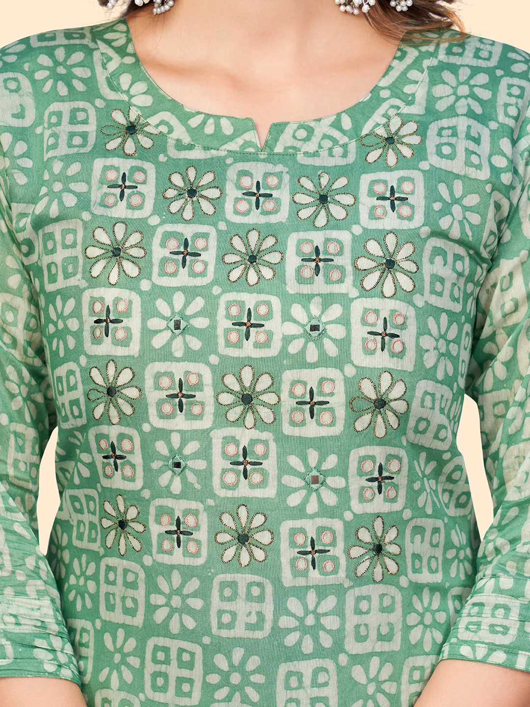 Women'S Printed & Embroidered Straight Chanderi Sea Green Stitched Kurta With Dupatta
