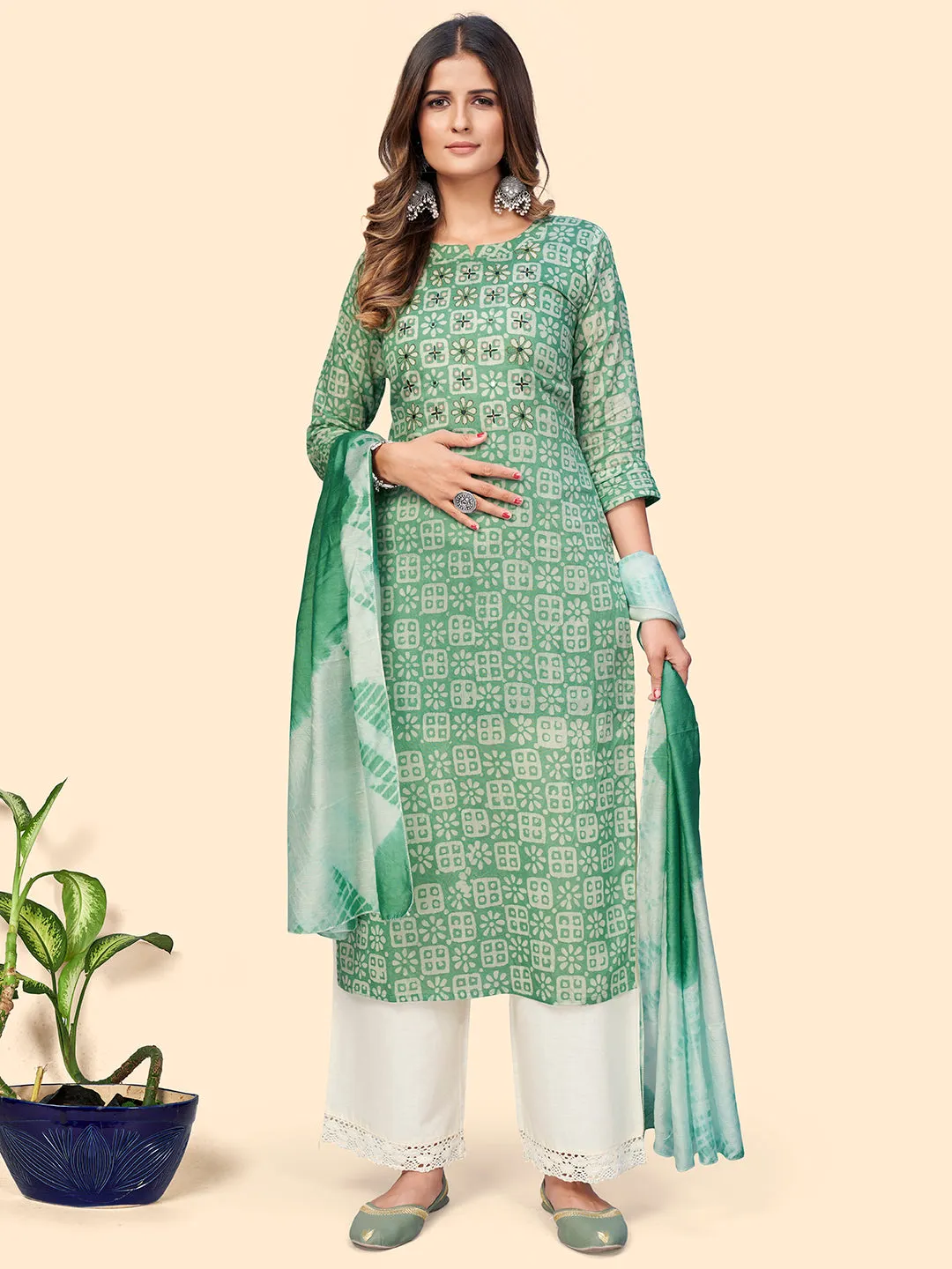 Women'S Printed & Embroidered Straight Chanderi Sea Green Stitched Kurta With Dupatta