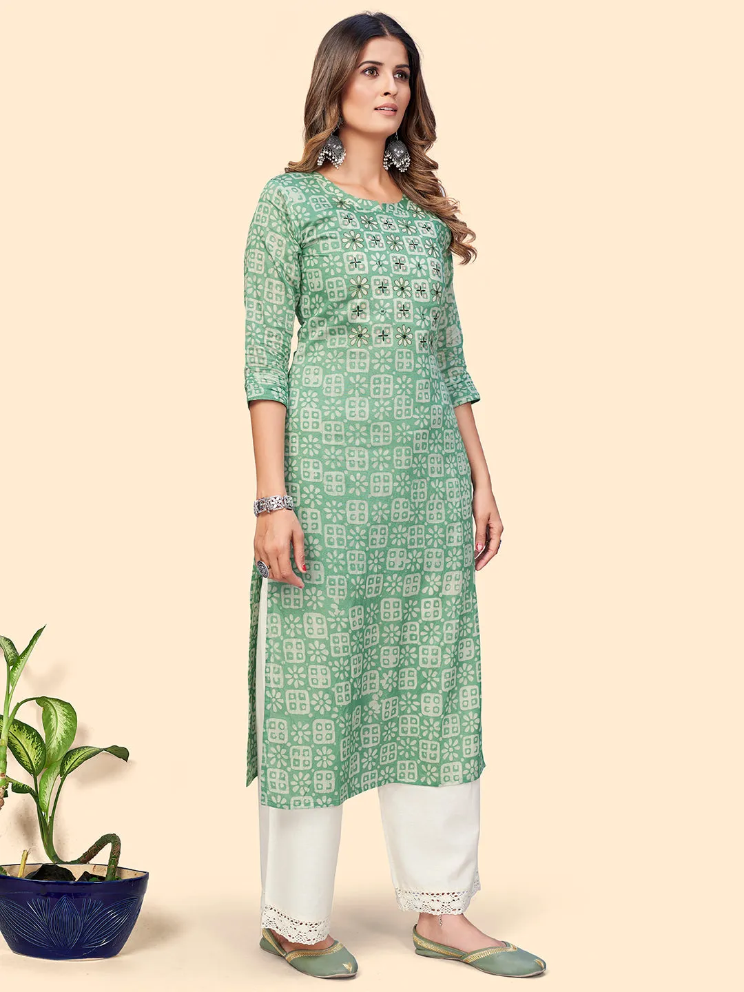 Women'S Printed & Embroidered Straight Chanderi Sea Green Stitched Kurta With Dupatta
