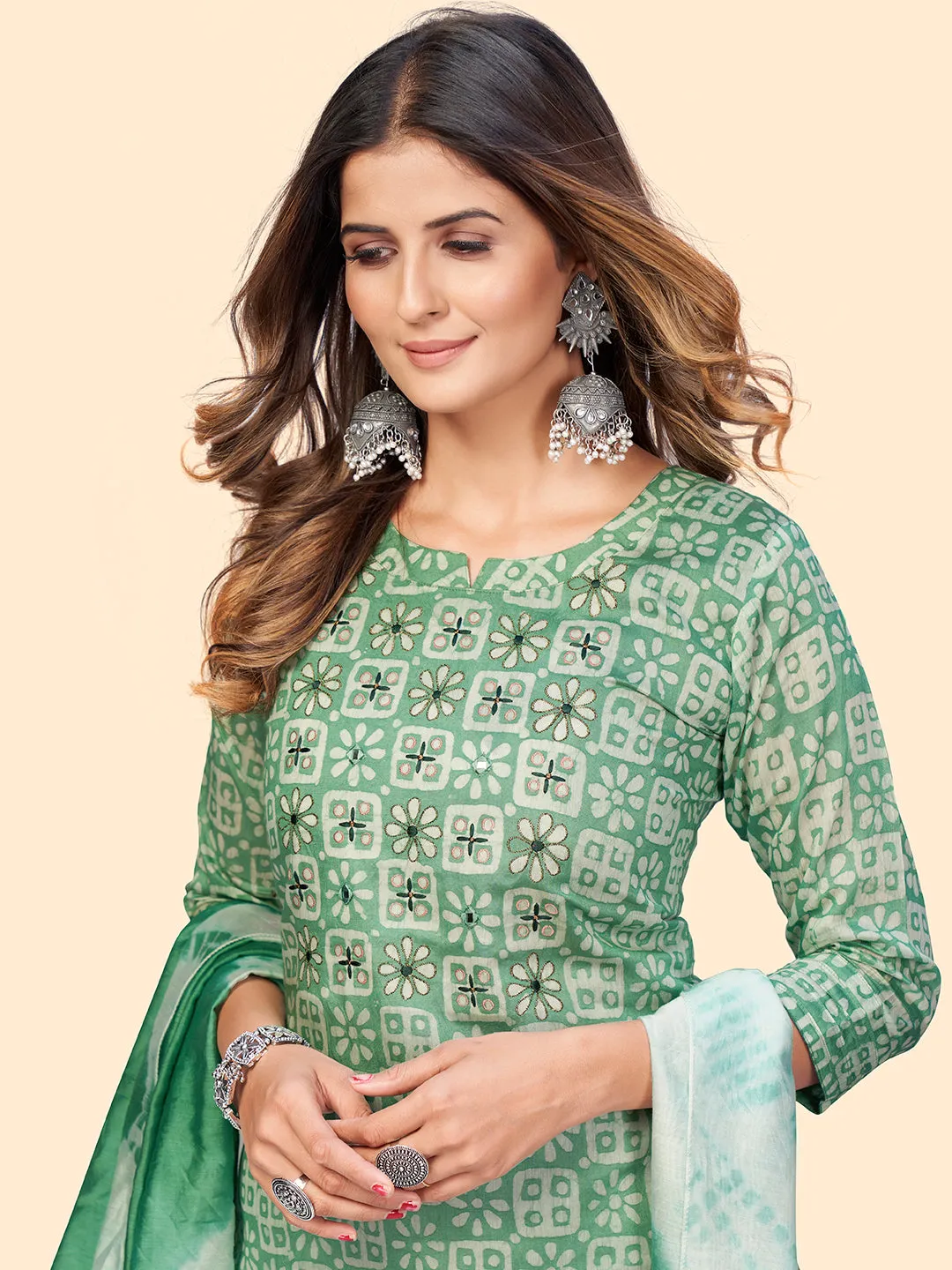 Women'S Printed & Embroidered Straight Chanderi Sea Green Stitched Kurta With Dupatta