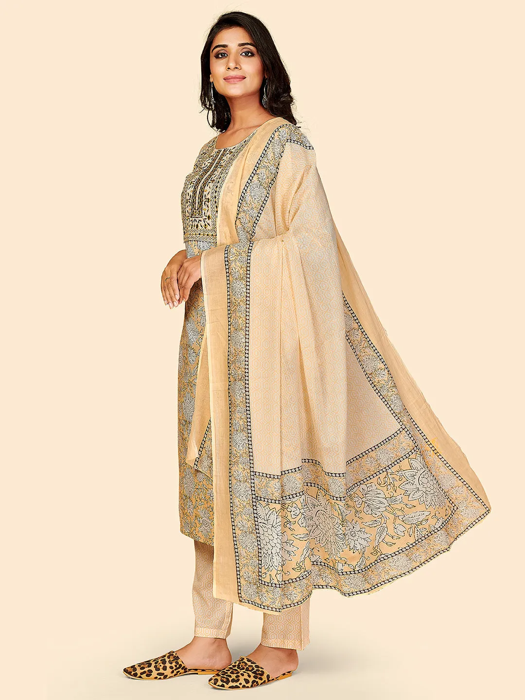 Women'S Printed & Embroidered Straight Cotton Beige Stitched Kurta Pant With Dupatta
