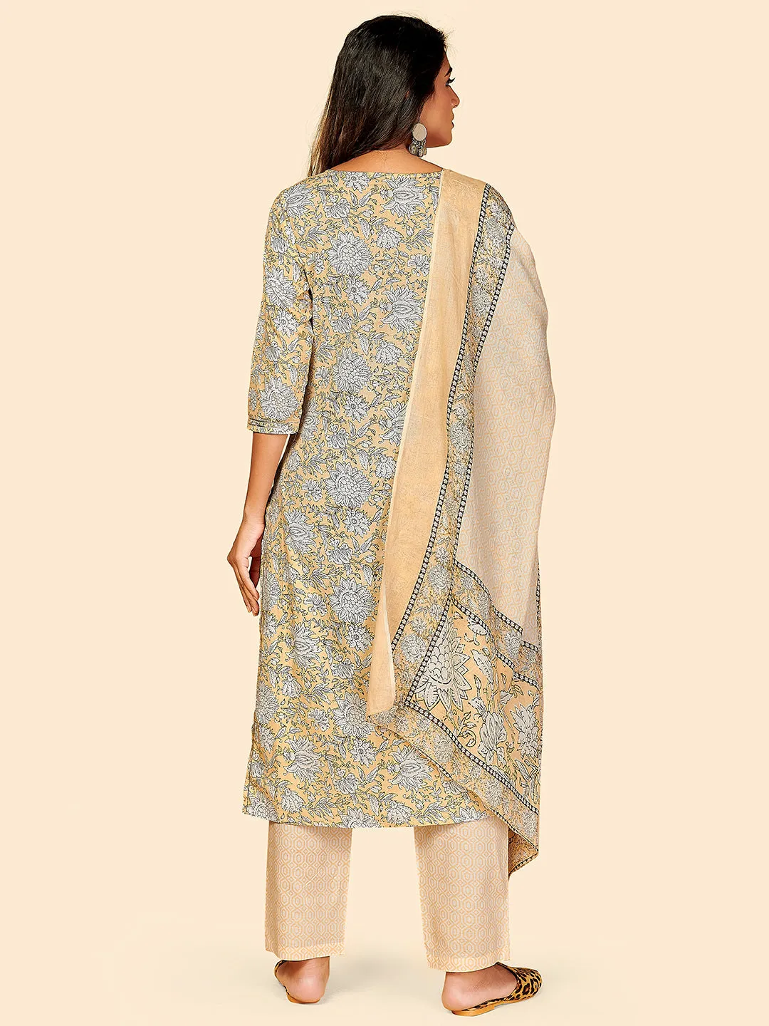 Women'S Printed & Embroidered Straight Cotton Beige Stitched Kurta Pant With Dupatta