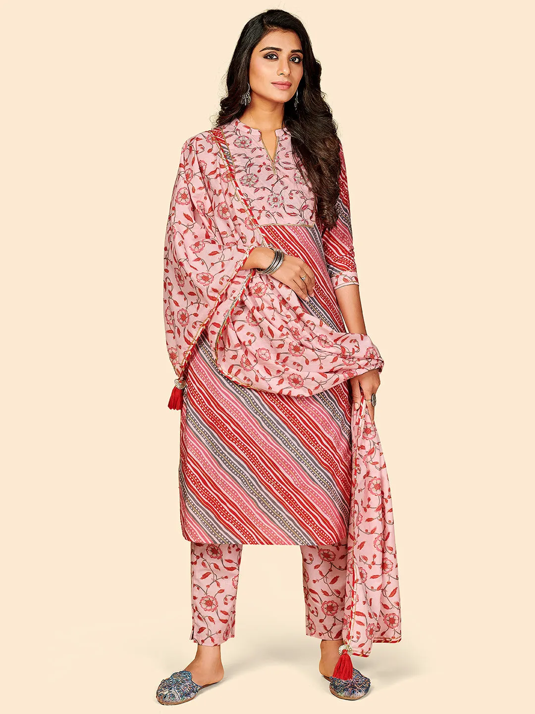 Women'S Printed & Embroidered Straight Cotton Pink Stitched Kurta Pant With Dupatta