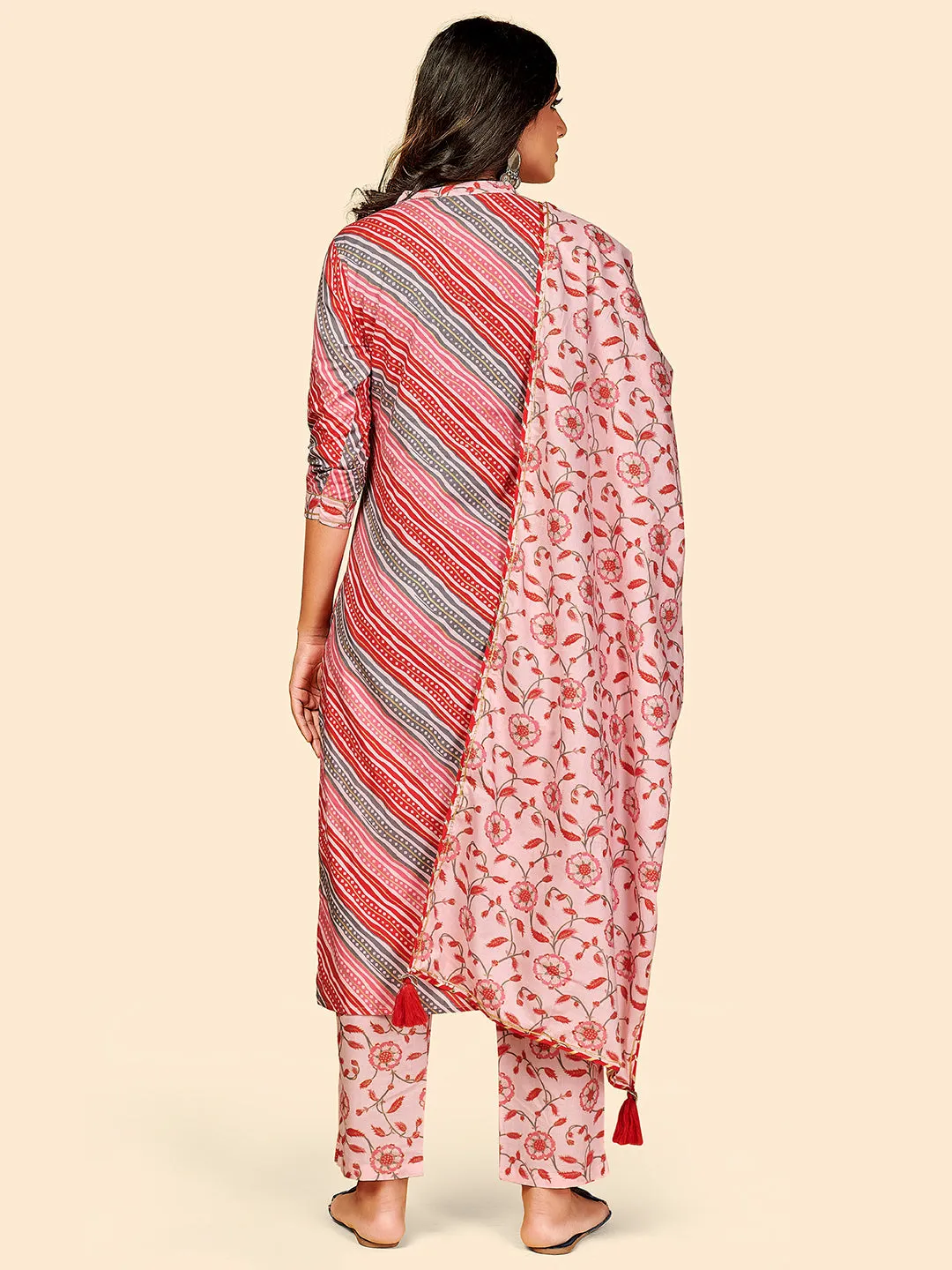 Women'S Printed & Embroidered Straight Cotton Pink Stitched Kurta Pant With Dupatta