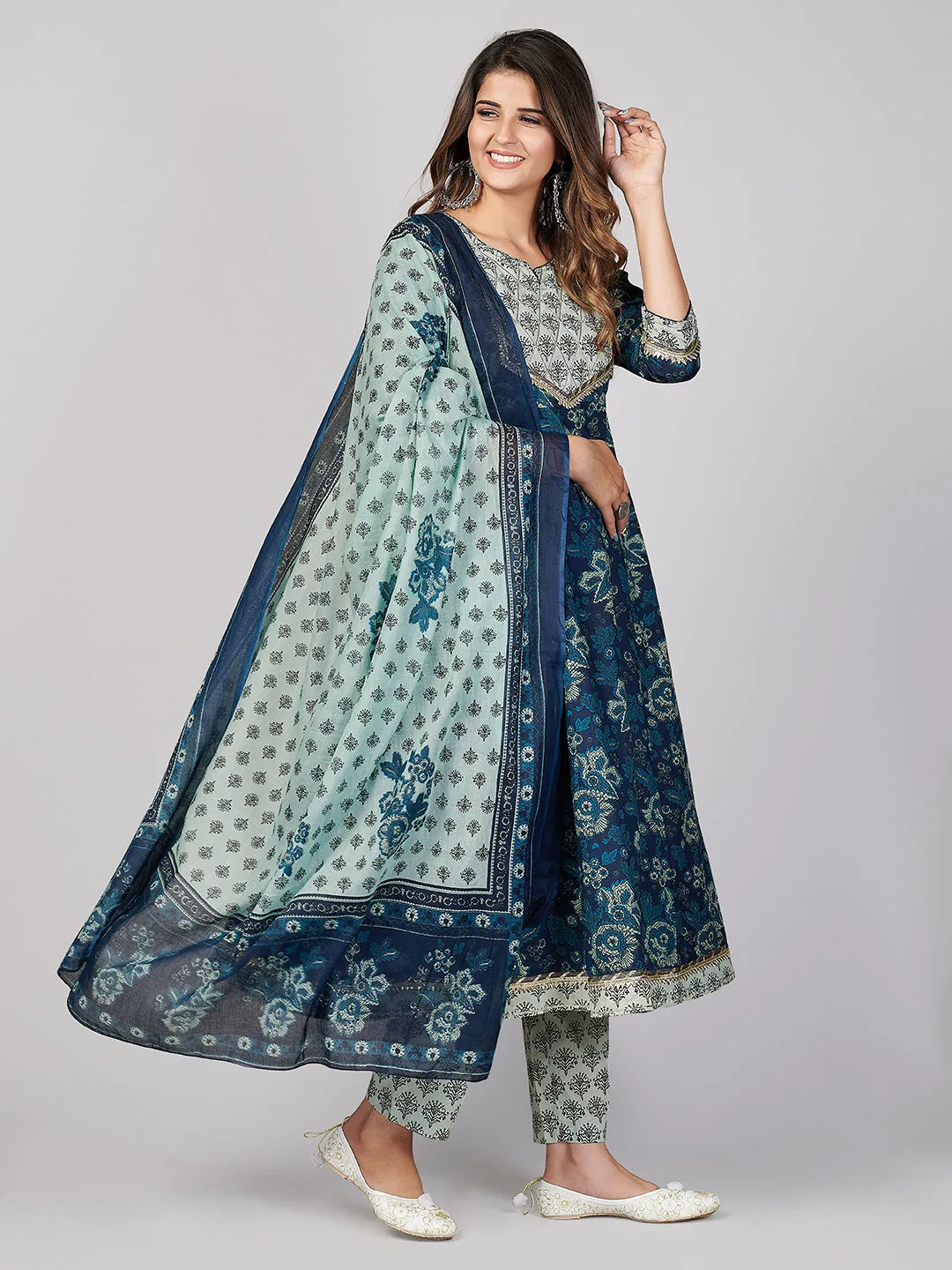 Women'S Printed & Gota Patti Work Anarkali Cotton Blue Stitched Kurta Pant With Dupatta