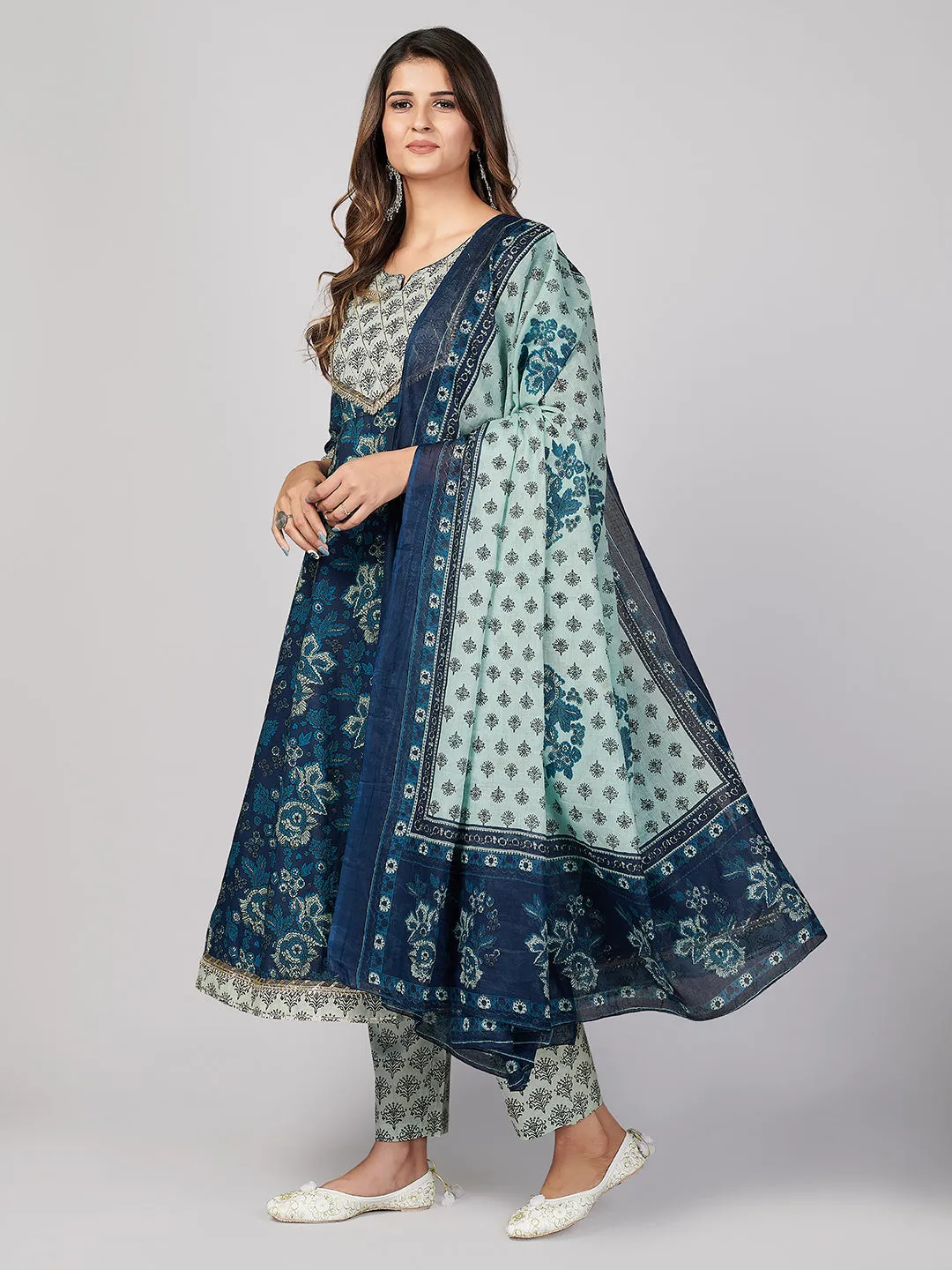Women'S Printed & Gota Patti Work Anarkali Cotton Blue Stitched Kurta Pant With Dupatta