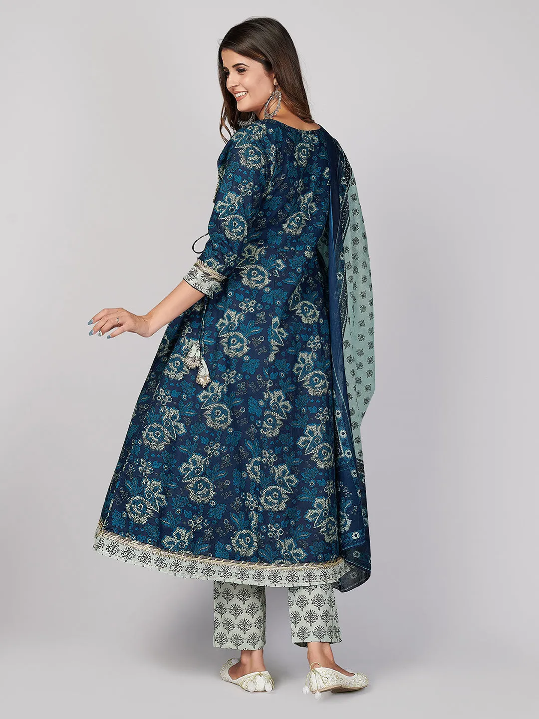 Women'S Printed & Gota Patti Work Anarkali Cotton Blue Stitched Kurta Pant With Dupatta